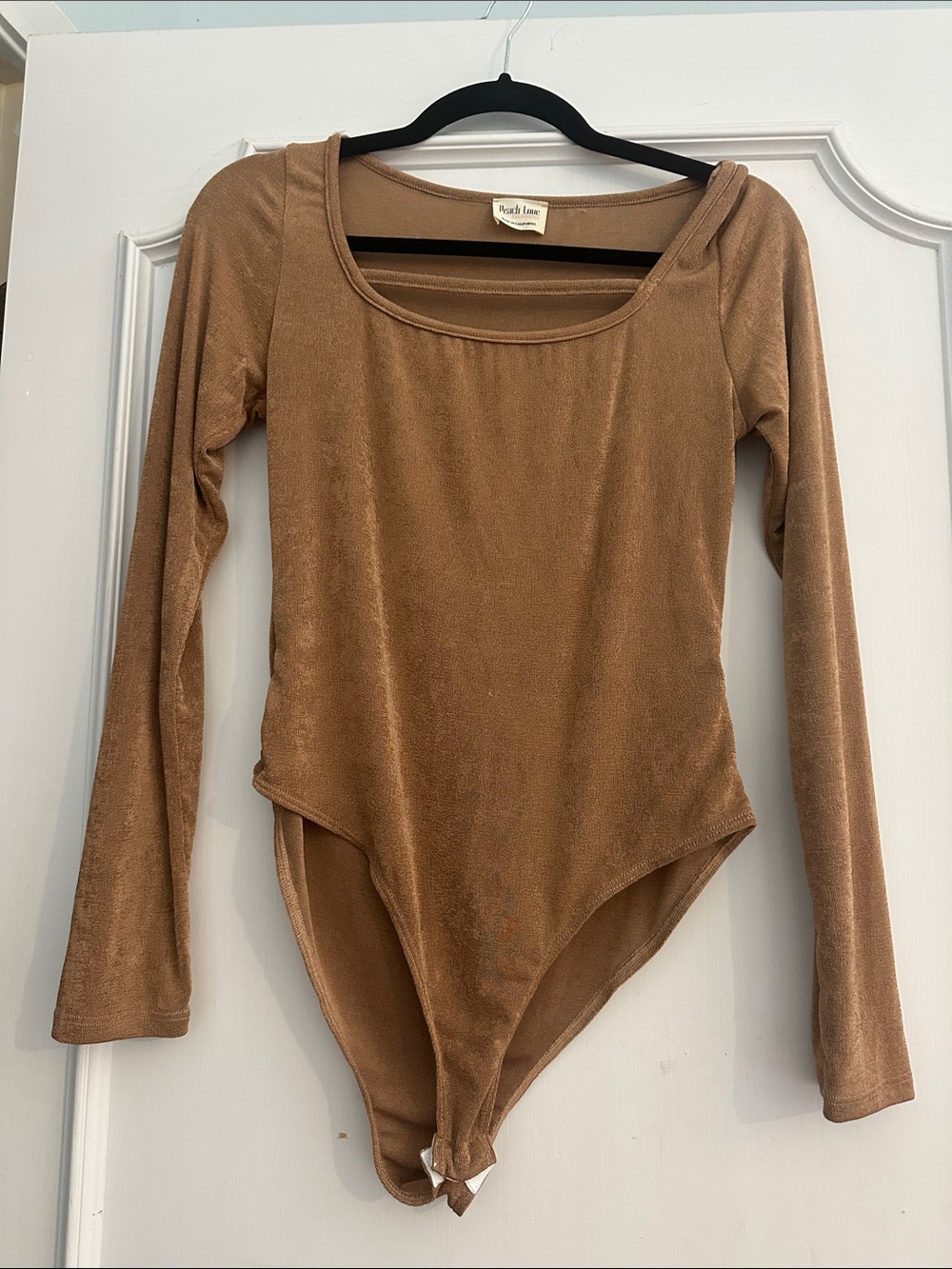 Peach Love California Tan Long Sleeve Gold Scoop Neck Bodysuit